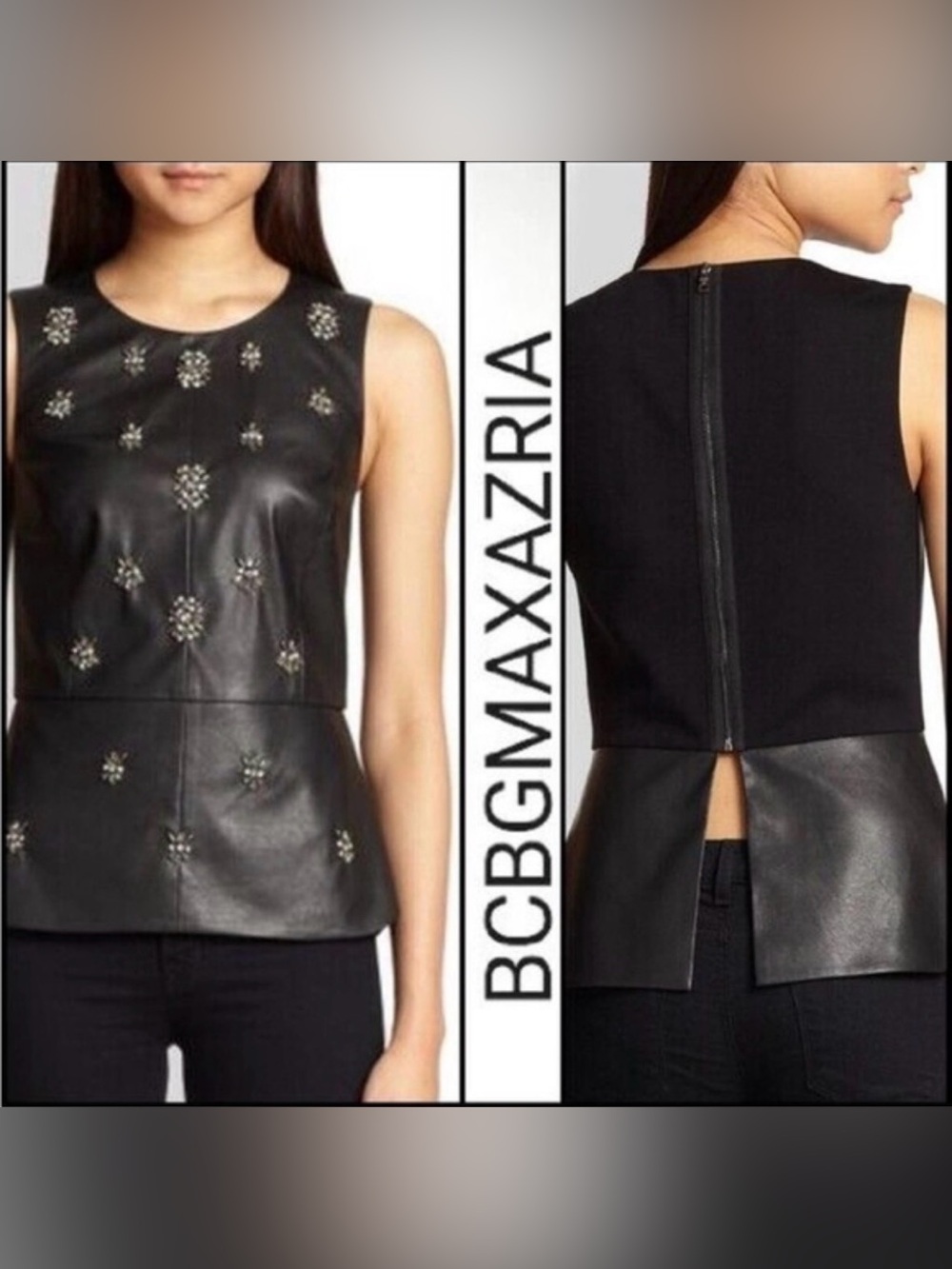 BCBGMaxAzria Black Embellished Leather Peplum Tank
